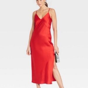 A New Day Red Satin Slip Midi Dress V-Neck Adjustable Straps Side Slit Small